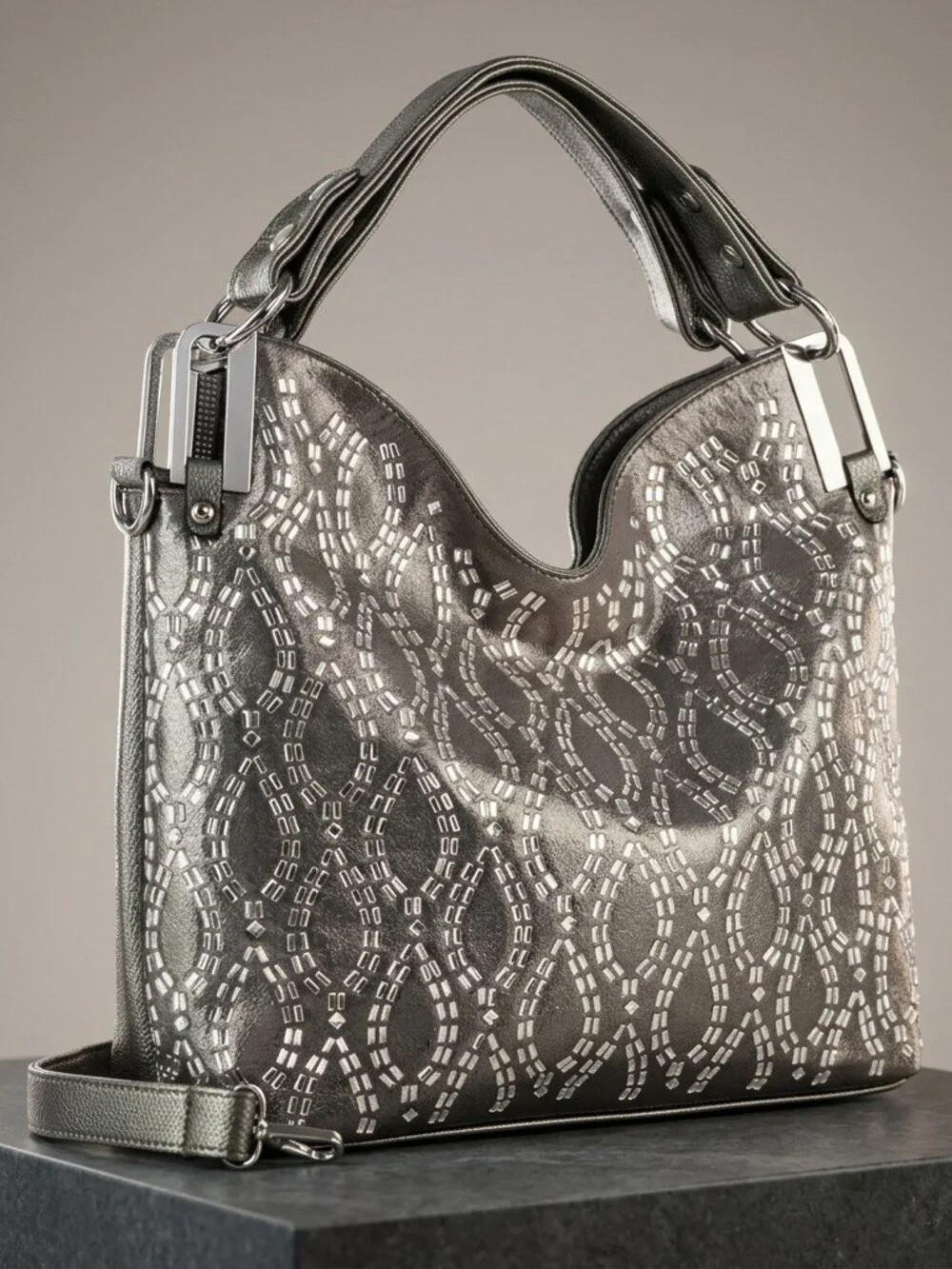 Pewter Mosaic Luxe Shoulder Bag with rhinestone details
