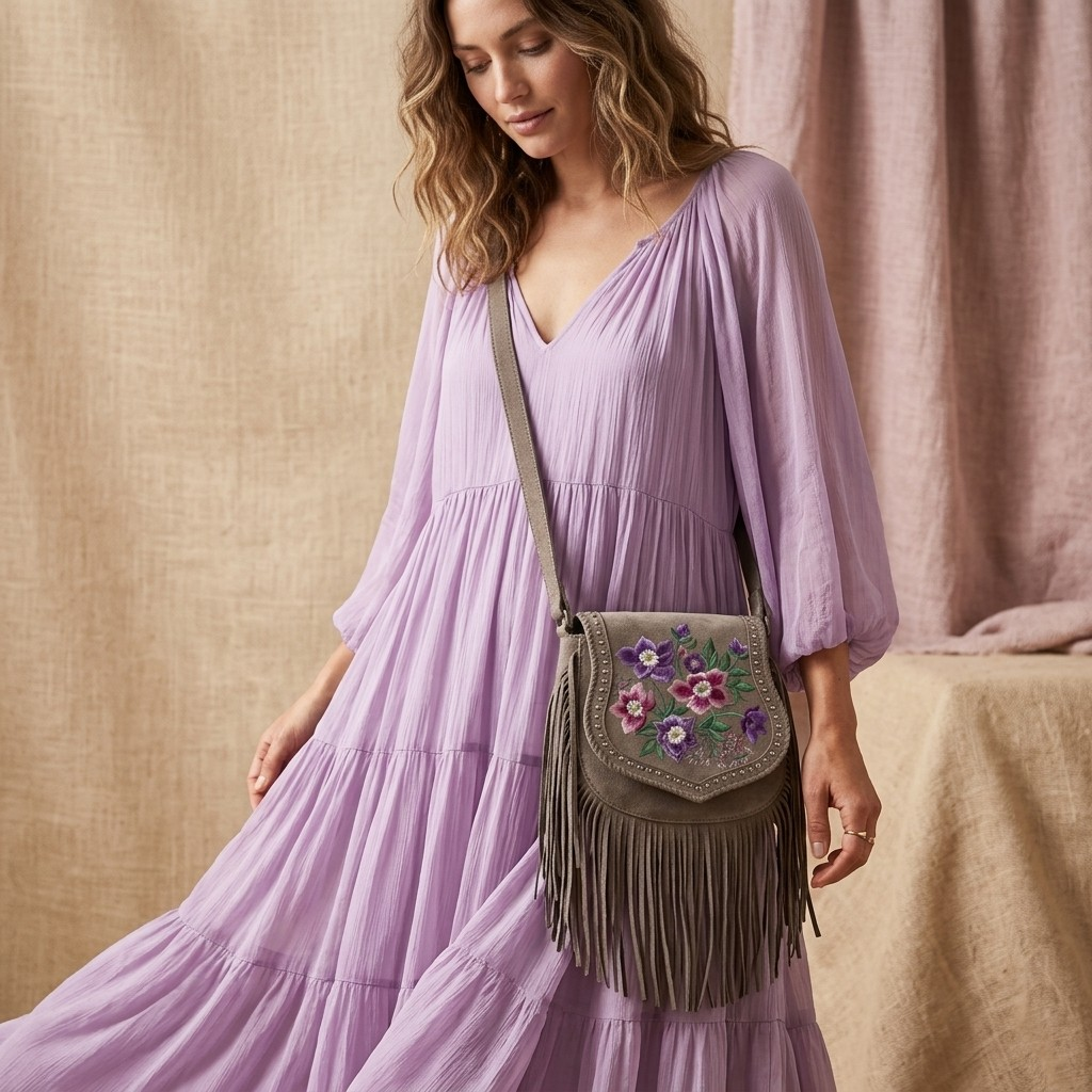 Mojave Meadow Leather Bag- Grey and Lavender