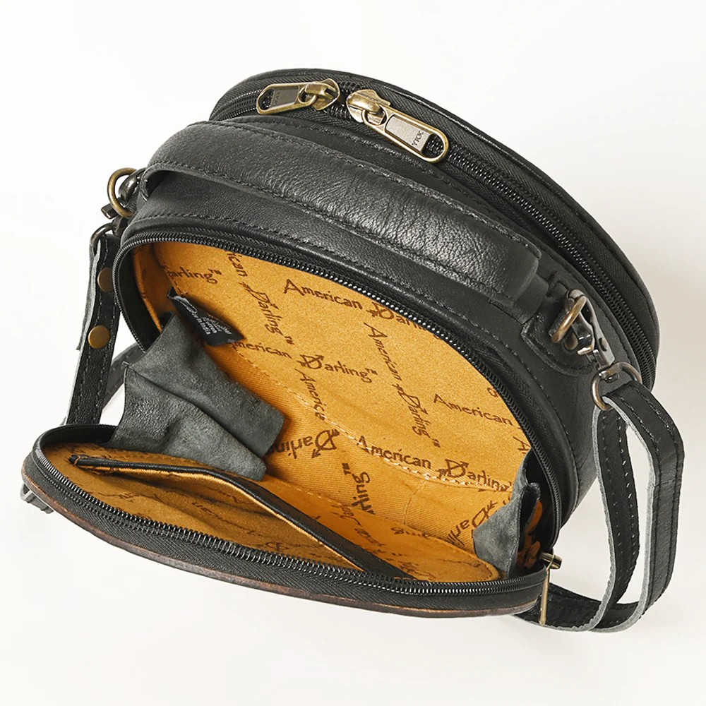 American Darling Western Tooled Leather Crossbody Canteen Bag Floral Carved Black and Pink Floral Inlay