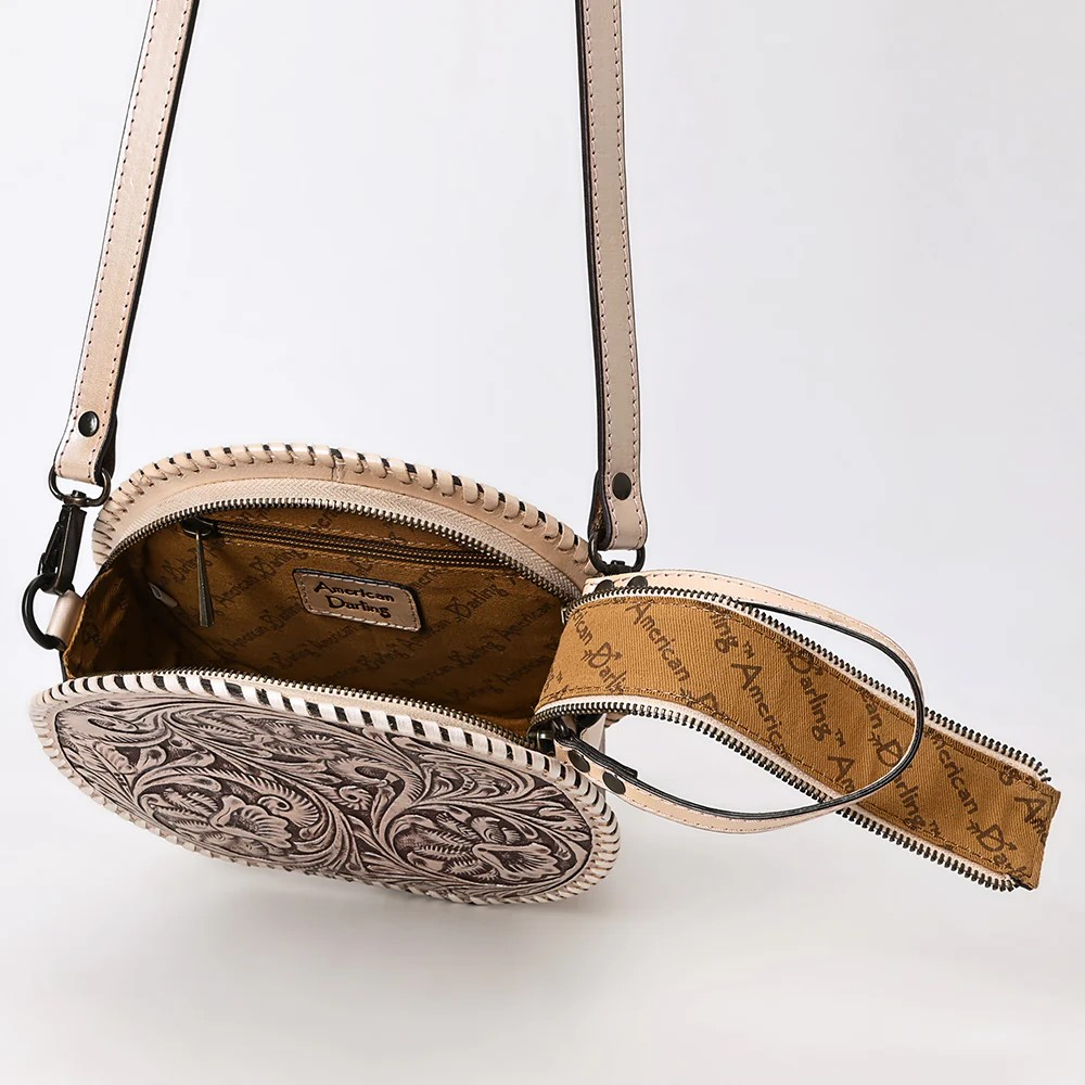 American Darling Round Hand-Tooled Leather Canteen Bag - Western Floral Circle Purse- Pink Pearl