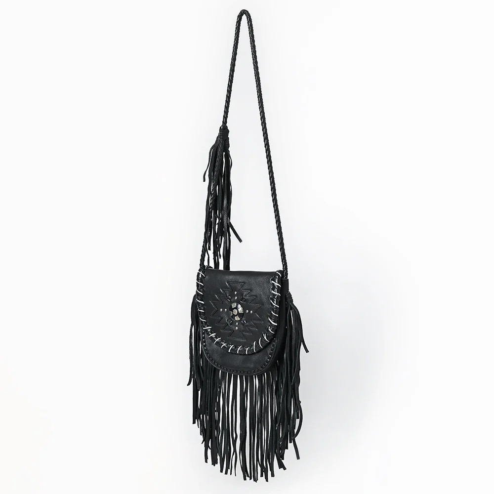 American Darling Western Fringe Crossbody - Black Leather Bag with Tribal Stitch, Concho, and Whipstitch Detail