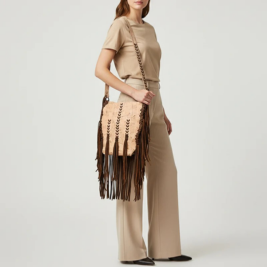 American Darling Western Boho Leather Fringe Messenger Bag - Distressed Flap with Hand-Laced Detailing-Conceal Carry