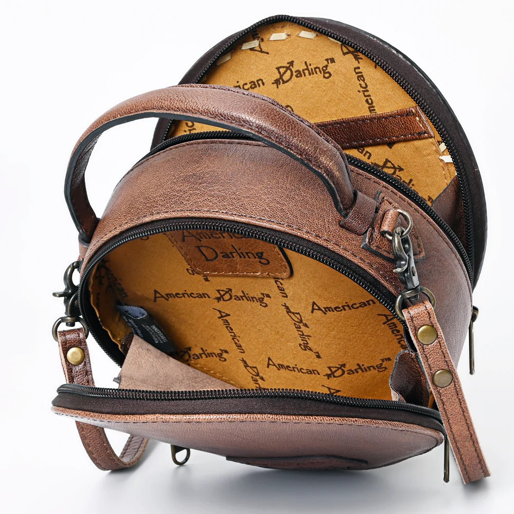 American Darling Western Tooled Leather Crossbody Canteen Bag Floral Carved Floral Inlay