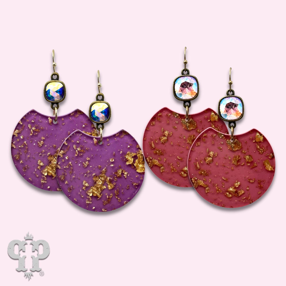 Acrylic disc earring with gold flecks and Austrian crystal - last call
