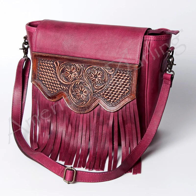 Magenta Western Fringe Leather Crossbody Bag
