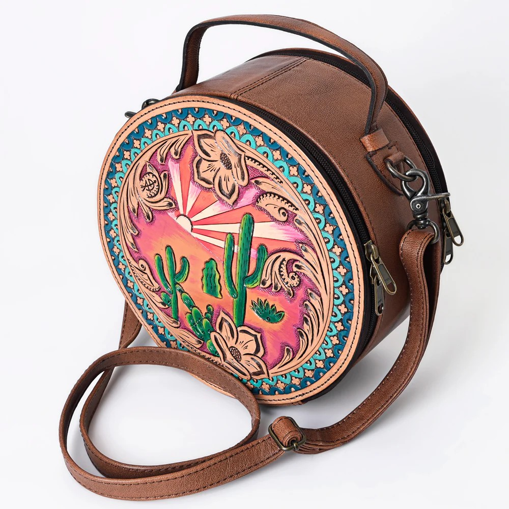 American Darling Western Canteen Bag Hand Tooled Genuine Leather Crossbody-Desert Sunset