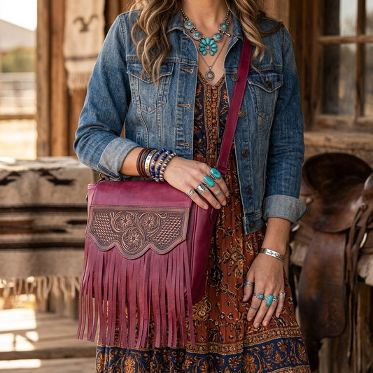 Magenta Western Fringe Leather Crossbody Bag