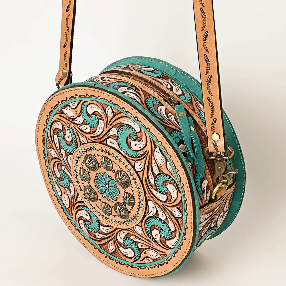 American Darling Crossbody Canteen Genuine Western Leather Handbag-Turquoise and Natural handtooled