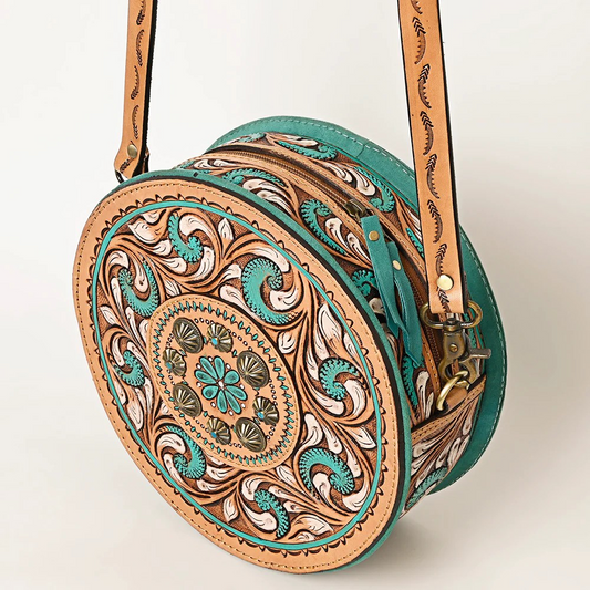 American Darling Crossbody Canteen Genuine Western Leather Handbag-Turquoise and Natural handtooled