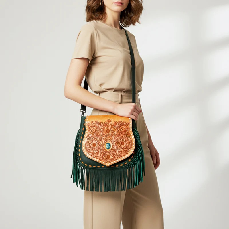 American Darling Tan & Green Tooled Leather Messenger Bag - Floral Design with Turquoise Accent and Fringe