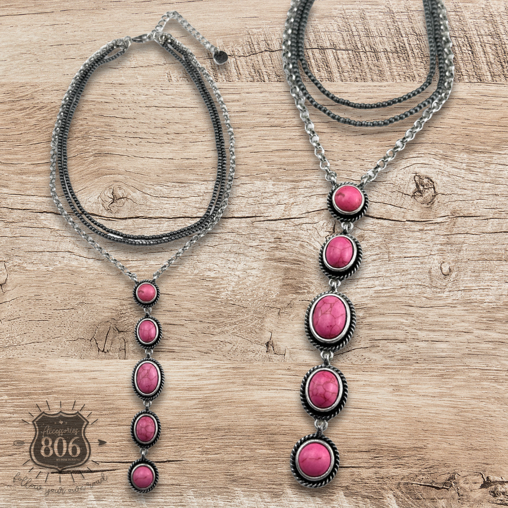 Burnished bead and stone drop Y necklace