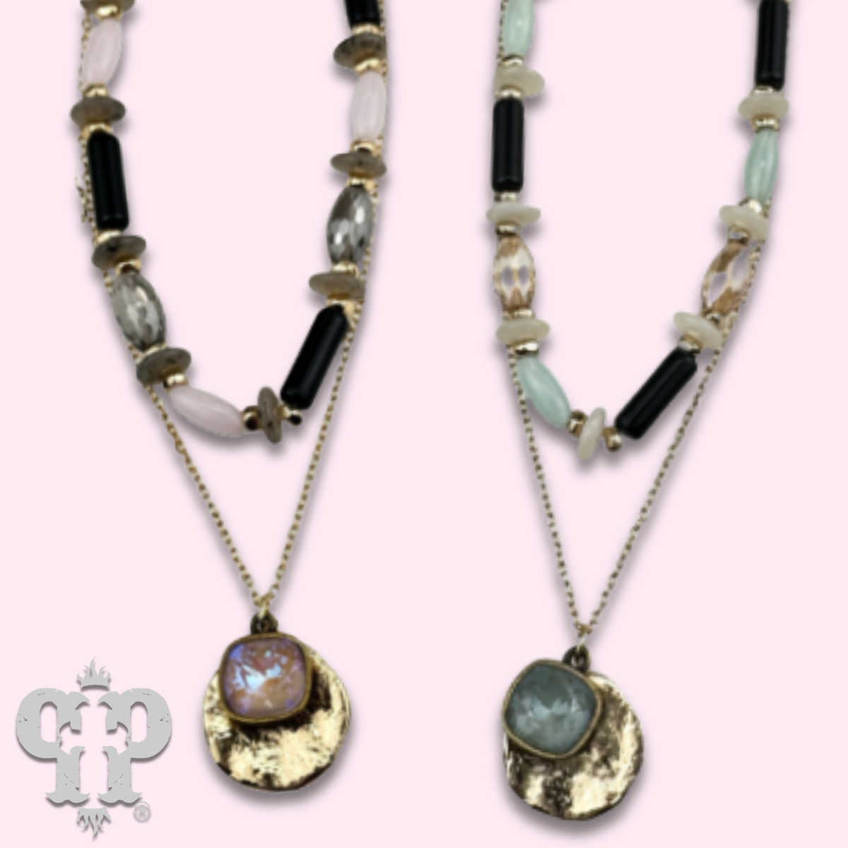 Mixed bead necklace with disc charm and Austrian crystal