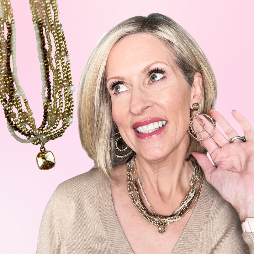 Gold tone and glass bead necklace with Austrian crystal