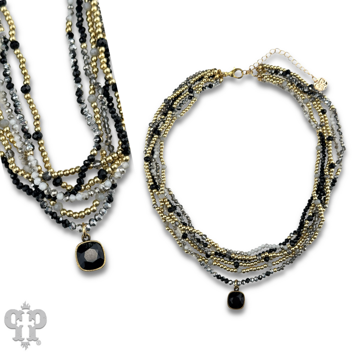 Gold tone and glass bead necklace with Austrian crystal