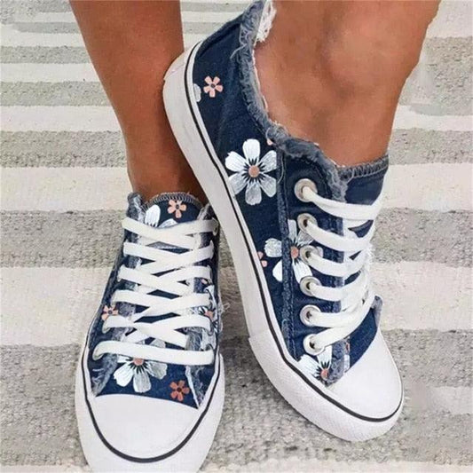 New Womens Comfortable Canvas Flower Lace-up Sneakers Casual Fashion Round Toe Vulcanized Shoes Women Casual Sneakers