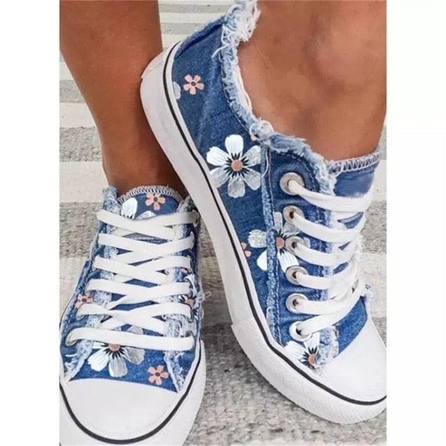 New Womens Comfortable Canvas Flower Lace-up Sneakers Casual Fashion Round Toe Vulcanized Shoes Women Casual Sneakers