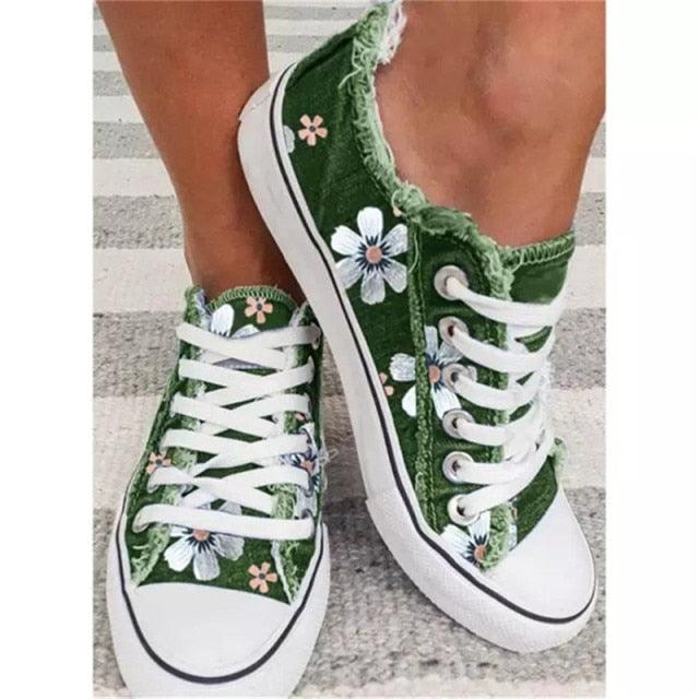 New Womens Comfortable Canvas Flower Lace-up Sneakers Casual Fashion Round Toe Vulcanized Shoes Women Casual Sneakers