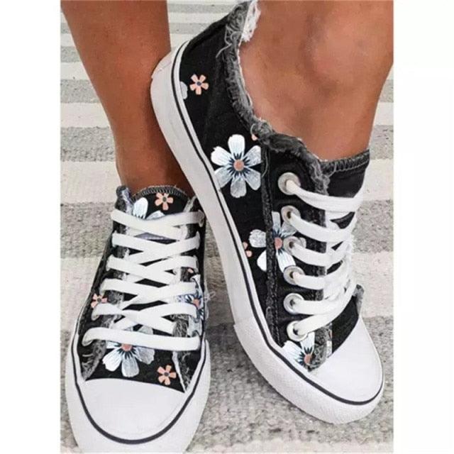 New Womens Comfortable Canvas Flower Lace-up Sneakers Casual Fashion Round Toe Vulcanized Shoes Women Casual Sneakers