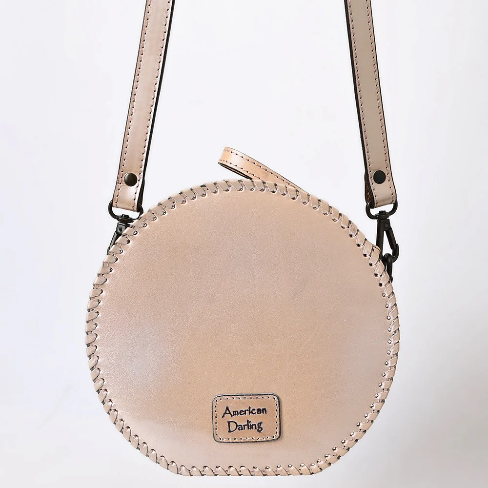 American Darling Round Hand-Tooled Leather Canteen Bag - Western Floral Circle Purse- Pink Pearl