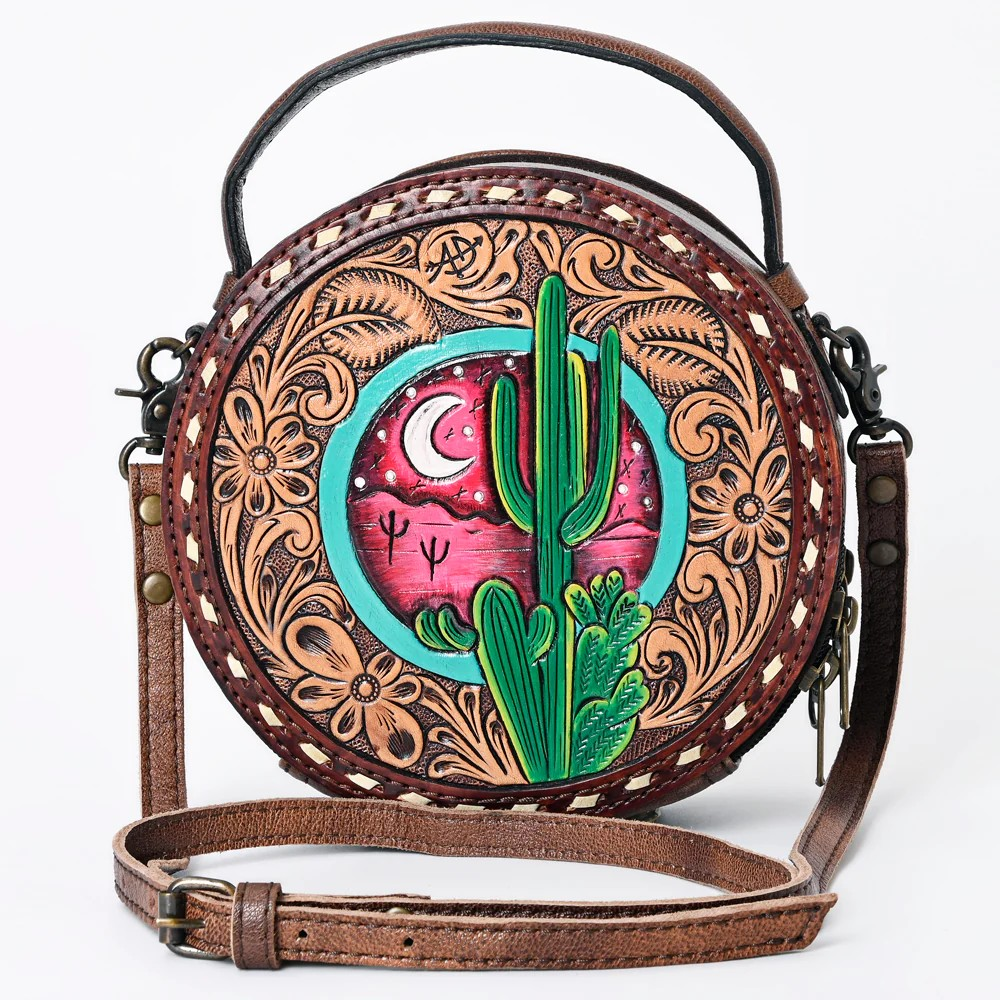 American Darling Western Tooled Leather Crossbody Canteen Bag Floral Carved Inlay-cactus moon