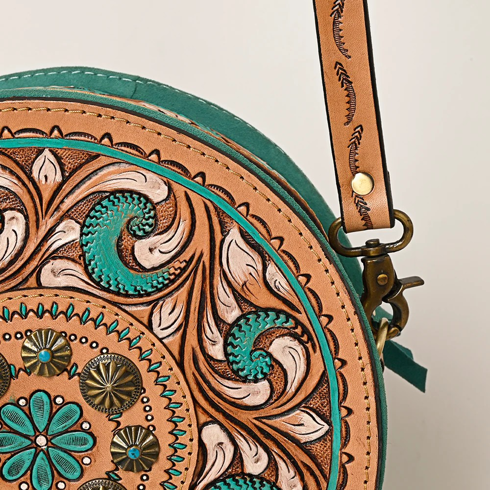 American Darling Crossbody Canteen Genuine Western Leather Handbag-Turquoise and Natural handtooled