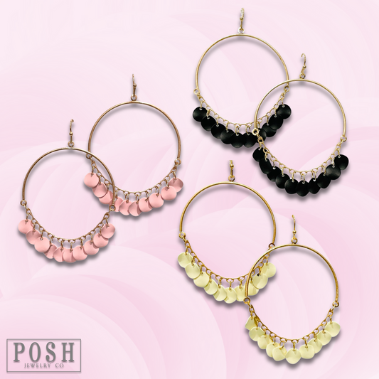 Disc charms on gold bar earring, last call