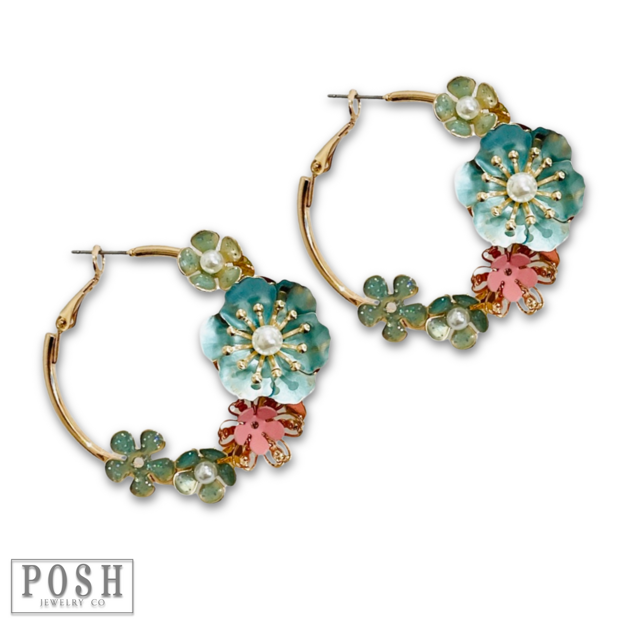 Metallic flower hoop earring, last call
