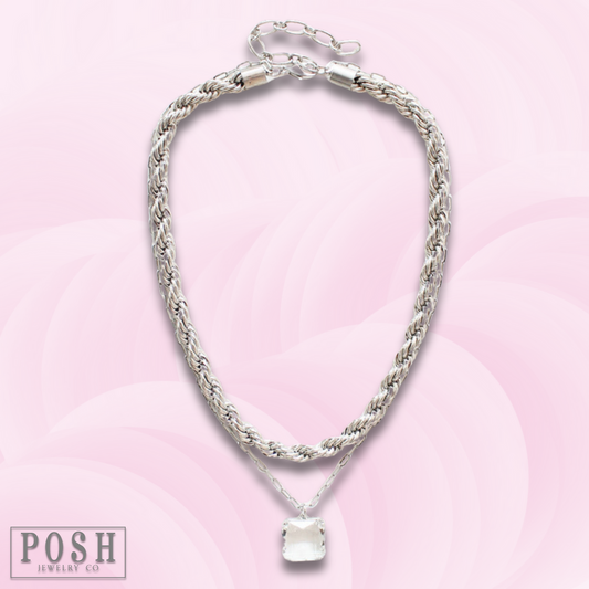 Silver tone double chain necklace, last call