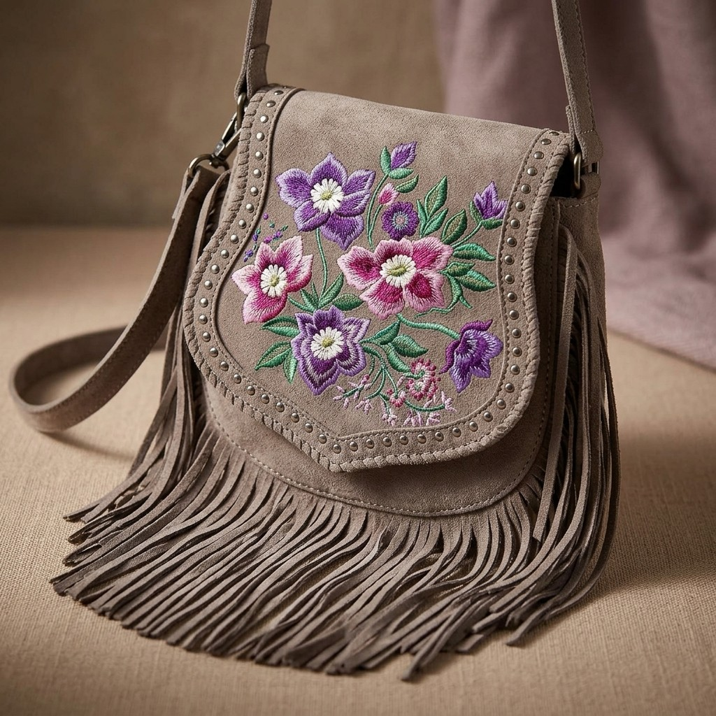 Mojave Meadow Leather Bag- Grey and Lavender