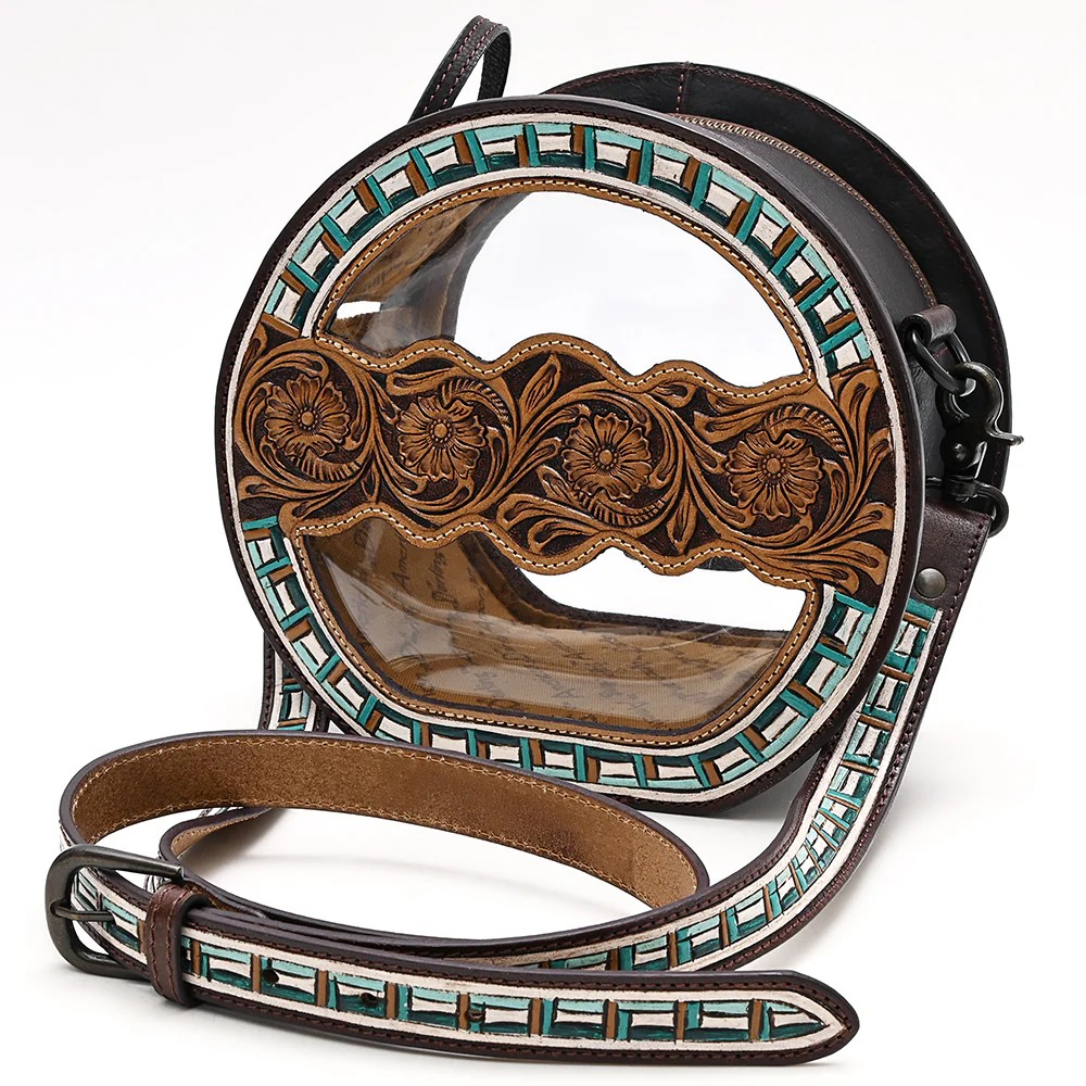 American Darling Clear Crossbody Canteen Western Bag with Hand-Tooled Leather & Turquoise Inlay | American Darling