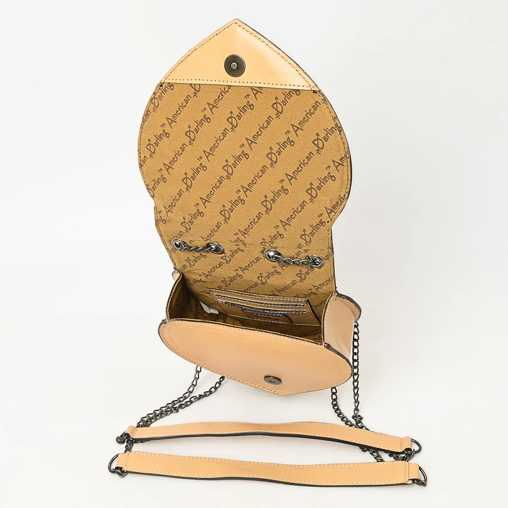 American Darlng Heart-Shaped Hand-Tooled Leather Crossbody Canteen Bag with Chain Strap-pale yellow