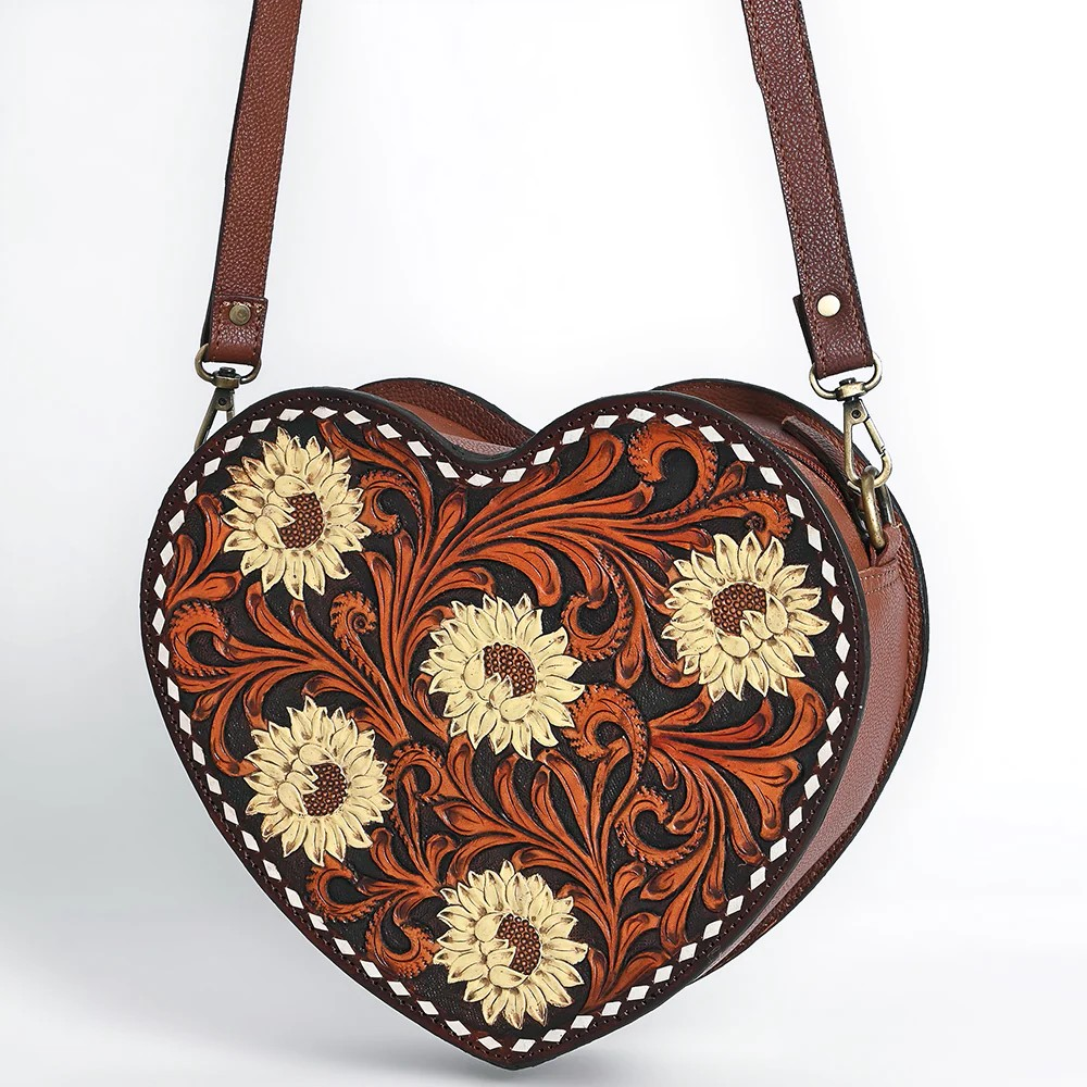 American Darling Heart-Shaped Tooled Leather Cross body Bag - Sunflower Floral Design with Western Stitch