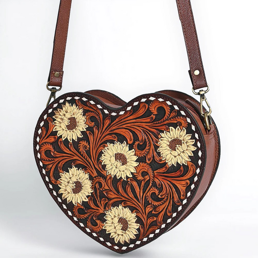 American Darling Heart-Shaped Tooled Leather Cross body Bag - Sunflower Floral Design with Western Stitch