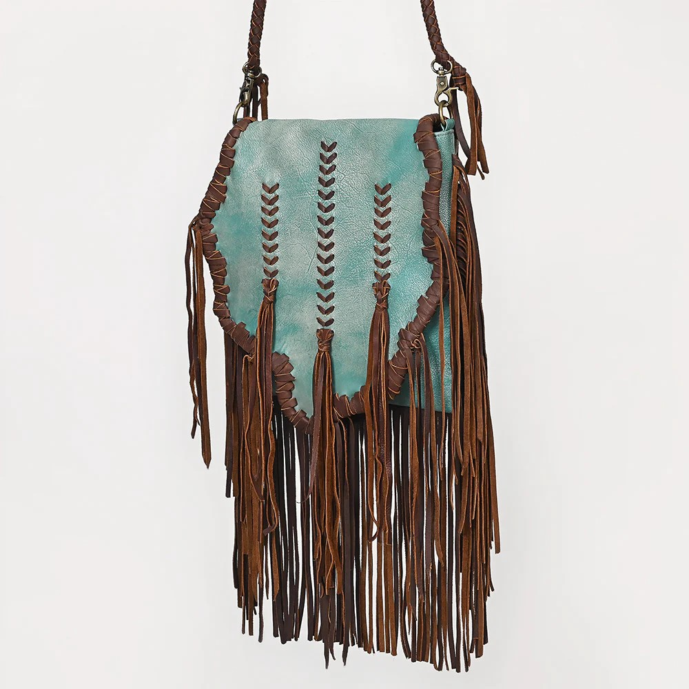 American Darling Turquoise & Brown Genuine Leather Fringe Messenger Bag with Braided Detail -Conceal Carry