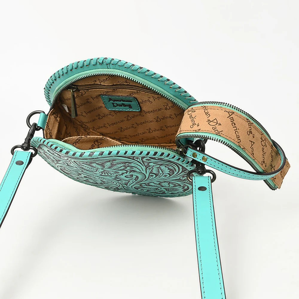 American Darling Round Hand-Tooled Leather Canteen Bag - Western Floral Circle Purse-Turquoise