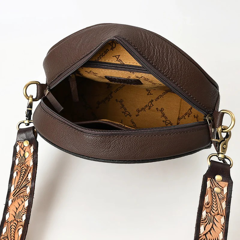 American Darling Canteen Bag Hand Tooled Floral Leather Round Crossbody