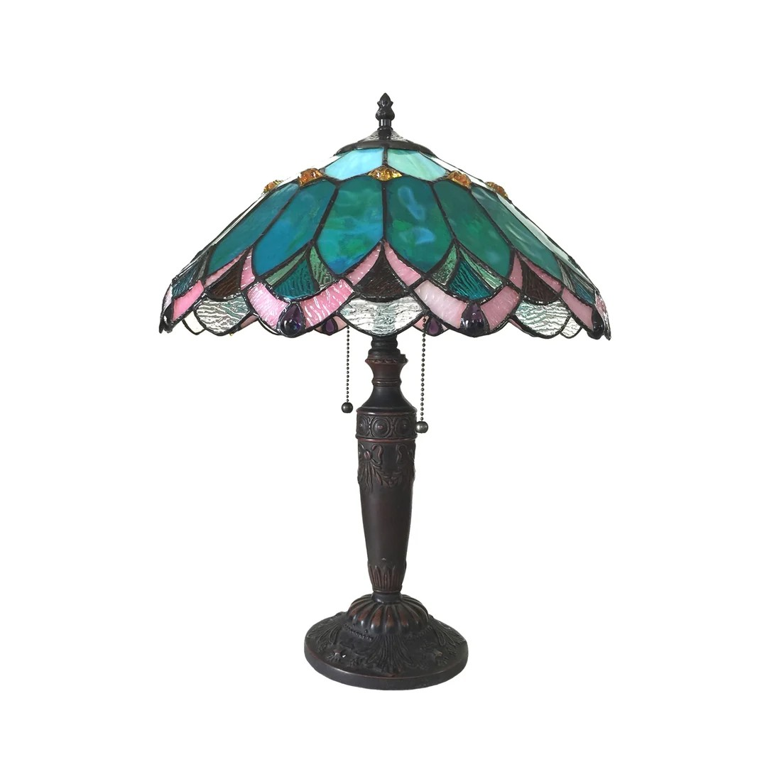 "DEMETER" Tiffany-style 2 Light Table Lamp 16" Green Shade
