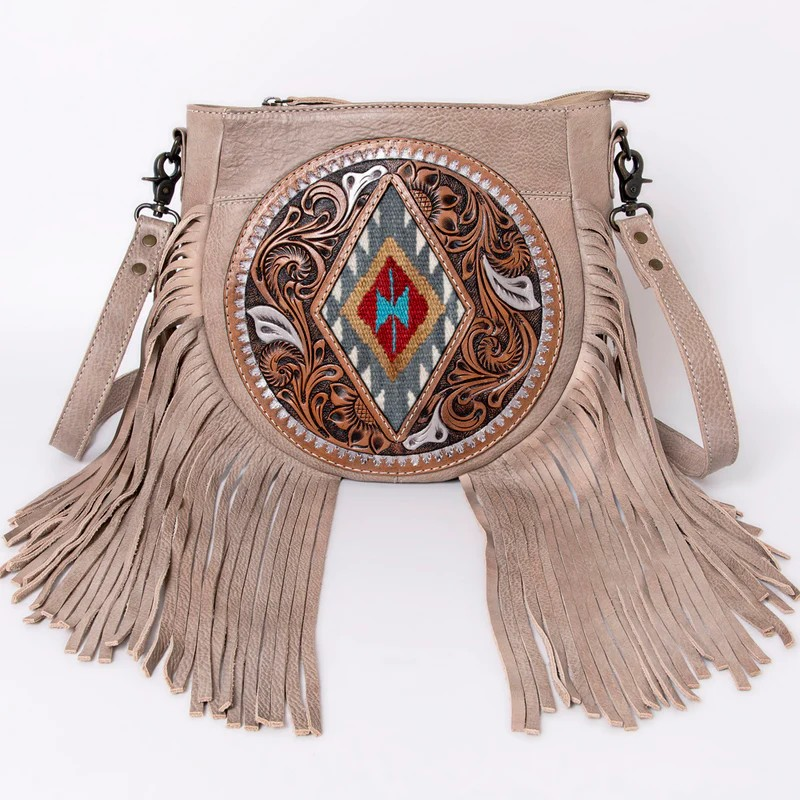 American Darling Hand-Tooled Leather Messenger Bag Fringe Western Boho Crossbody