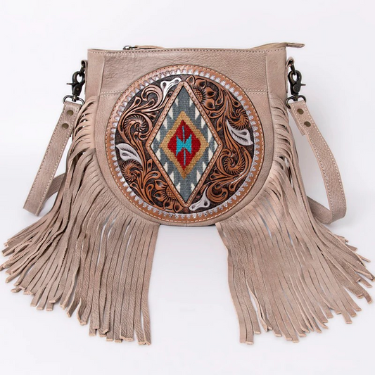 American Darling Hand-Tooled Leather Messenger Bag Fringe Western Boho Crossbody