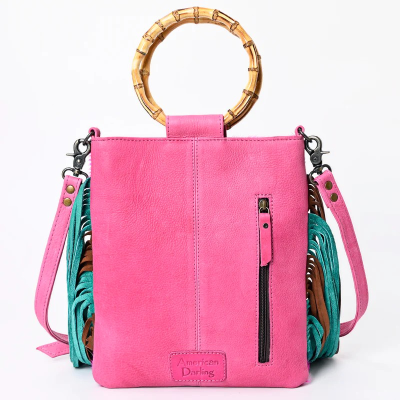 American Darling Cowhide Crossbody -Bamboo Handle Fringe Handbag- the pink hottie
