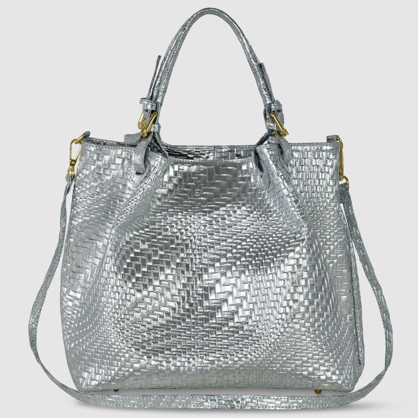 Italian Genuine Basketweave-Embossed Metallic Suede Top-Handle Bag | Imperia