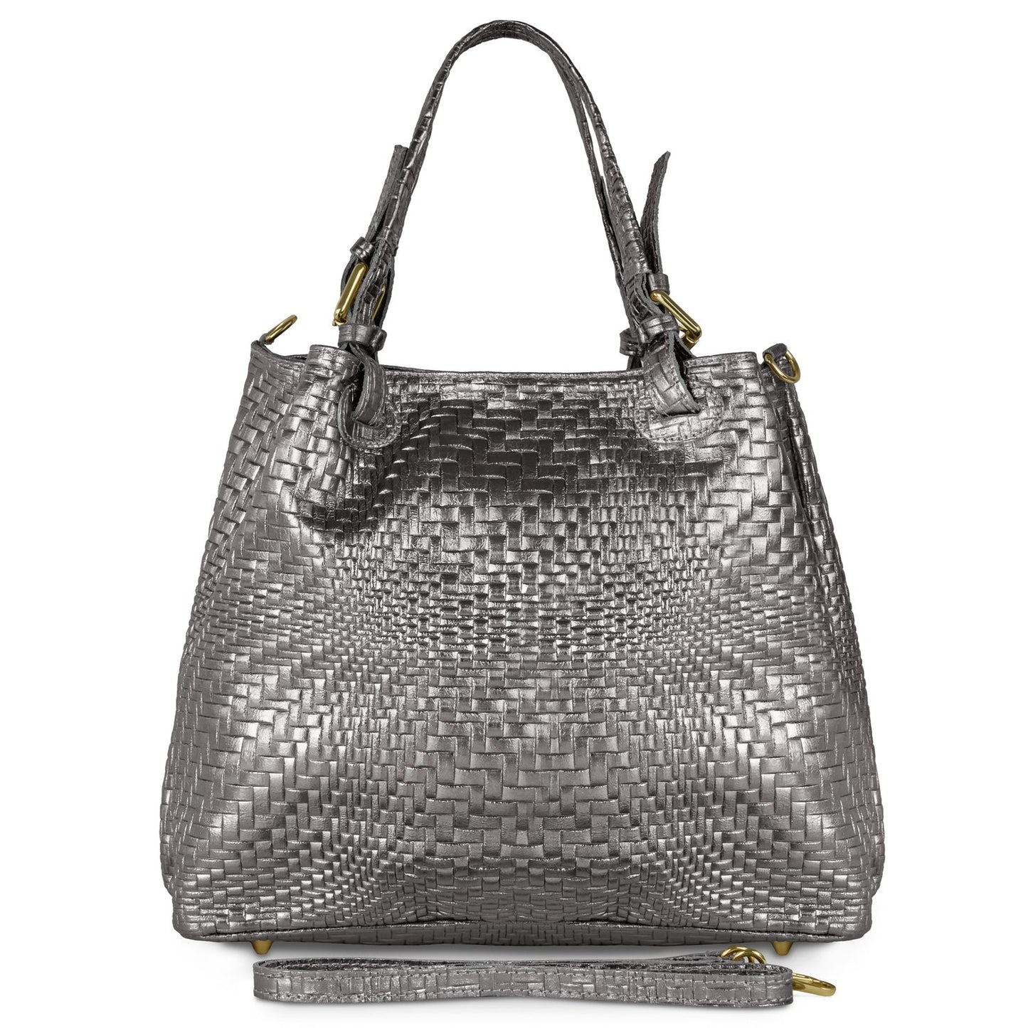 Italian Genuine Basketweave-Embossed Metallic Suede Top-Handle Bag | Imperia