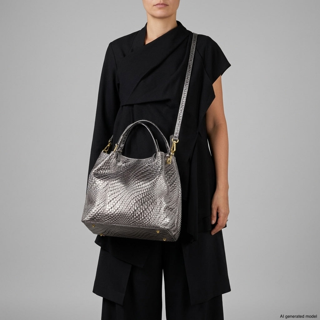 Italian Genuine Basketweave-Embossed Metallic Suede Top-Handle Bag | Imperia