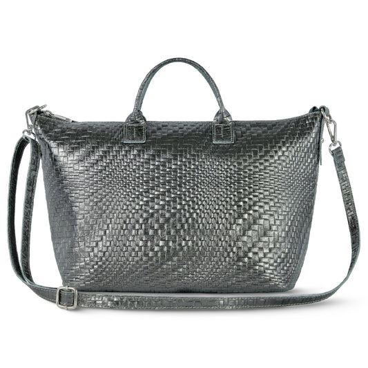 Italian Genuine Basketweave-Embossed Metallic Suede Top-Handle Bag | Treviso