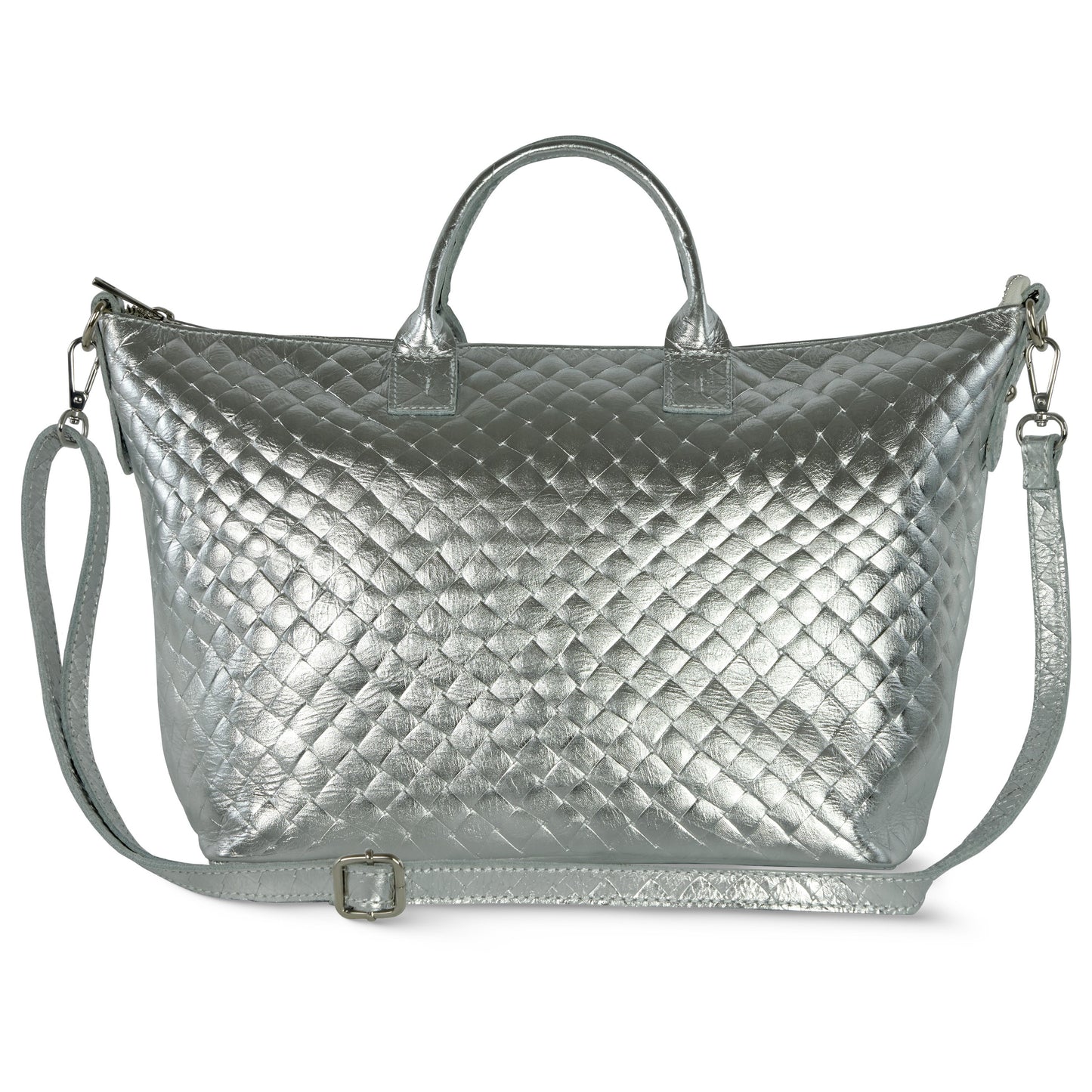 Italian Genuine Woven-Embossed Metallic Suede Top-Handle Bag | Urbino