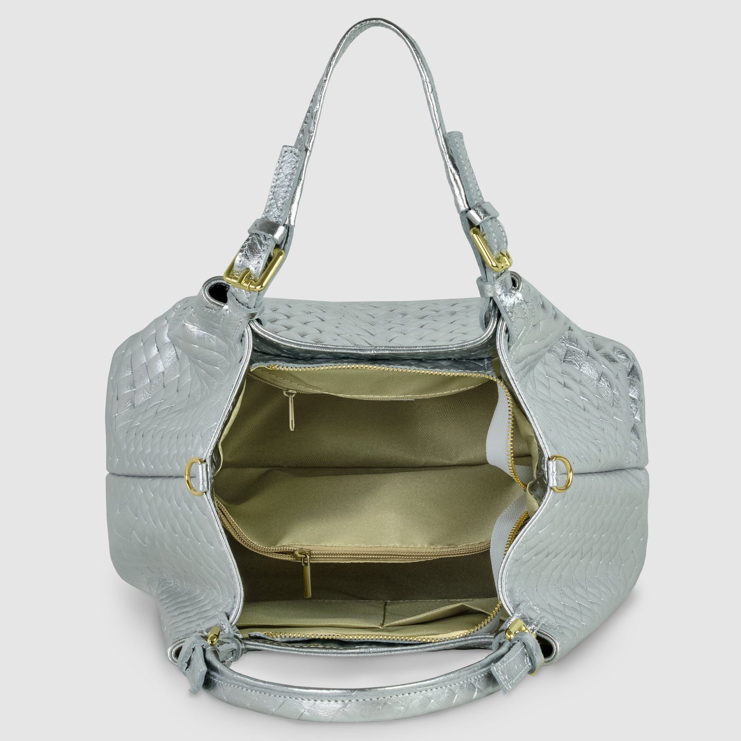 Italian Genuine Woven-Embossed Metallic Suede Top-Handle Bag | Savona