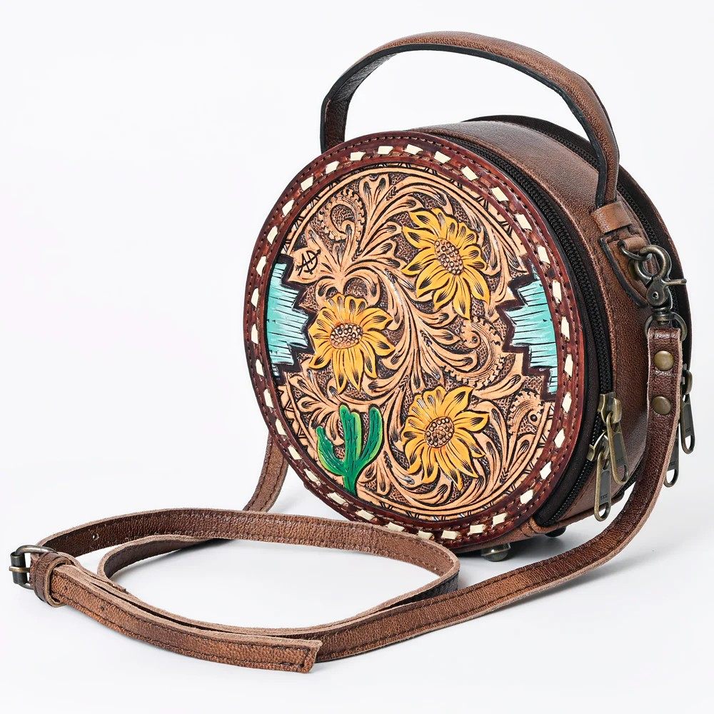 American Darling Western Tooled Leather Crossbody Canteen Bag Floral Carved Sunflower Inlay