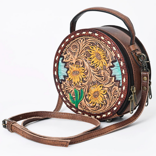American Darling Western Tooled Leather Crossbody Canteen Bag Floral Carved Sunflower Inlay