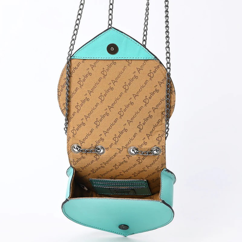 American Darling Heart-Shaped Hand-Tooled Leather Crossbody Canteen Bag with Chain Strap- turqouise