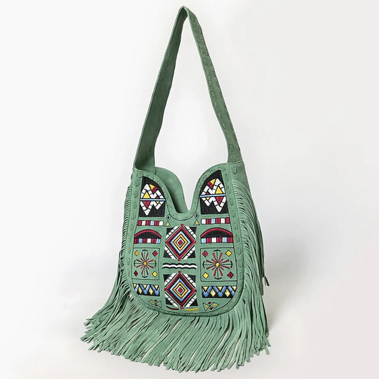 American Darling Green Fringe Genuine suede Shoulder Bag - Boho Tribal Embroidered Western Purse